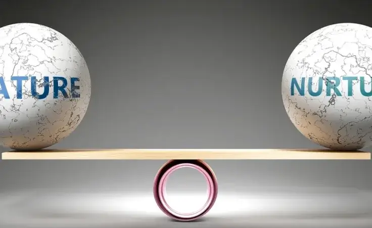 Nature and nurture in balance - pictured as balanced balls on scale that symbolize harmony and equity between Nature and nurture that is good and beneficial., 3d illustration By GoodIdeas/stock.adobe.com