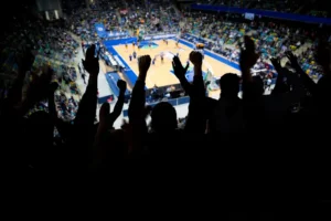 Silhouette of a group of spectators at a professional basketball game cheering for their team By Nektarstock/stock.adobe.com