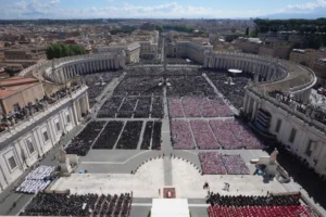 A view of Pope Francis's funeral in St. Peter's Square at the Vatican, Saturday, April 26, 2025. (AP Photo/Alessandra Tarantino)