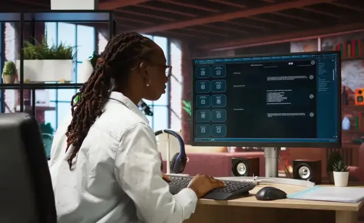 Woman solving personal tasks with AI LLM chatbot answering prompts using predictive technology. By DC Studio/stock.adobe.com