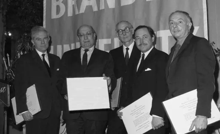 From left to right: composer Elliott Carter, painter Mark Rothko, Dr. Alfred H. Barr, Jr., director of museum collections at the Museum of Modern Art, playwright Tennessee Williams and poet Stanley Kunitz, stand with their Brandeis University 1965 Creative Arts awards, prior to the award ceremony in New York, March 28, 1965. (AP Photo/John Lindsay)