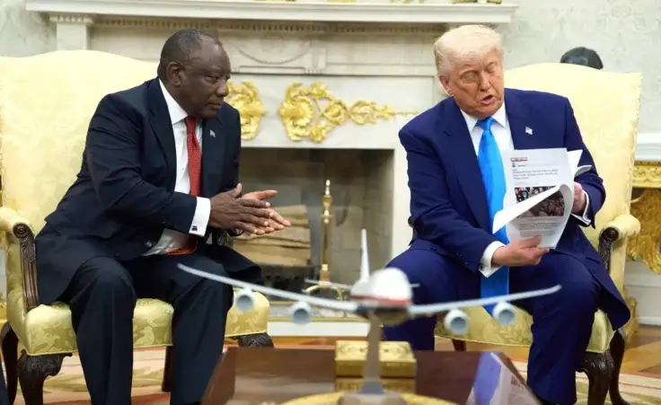 President Donald Trump meets South Africa's President Cyril Ramaphosa in the Oval Office of the White House, Wednesday, May 21, 2025, in Washington. (AP Photo/Evan Vucci)