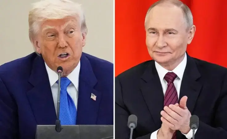 This combination photo shows President Donald Trump in a business roundtable, May 16, 2025, in Abu Dhabi, United Arab Emirates, left, and Russian President Vladimir Putin at a signing ceremony at the Kremlin in Moscow, May 10, 2025. (AP Photo) Could American sanctions bring an end to the war in Ukraine?