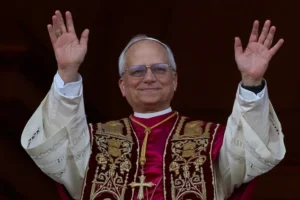 Newly elected Pope Leo XIV appears at the balcony of St. Peter's Basilica at the Vatican, Thursday, May 8, 2025. (AP Photo/Andrew Medichini)