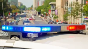 A police car rushes to the emergency call with lights turned on. By christian/stock.adobe.com