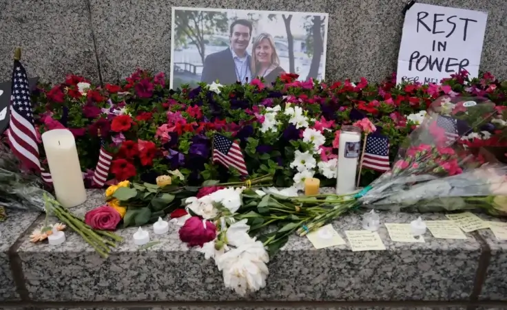 A memorial for Minnesota state Rep. Melissa Hortman and her husband Mark is seen at the state Capitol, Sunday, June 15, 2025, in St. Paul, Minn. (AP Photo/George Walker IV)
