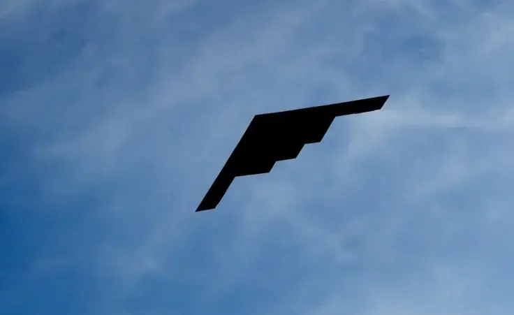A B-2 Spirit stealth bomber flies overhead as part of a flyover from nearby Whiteman Air Force base Tuesday, April 28, 2020, in Kansas City, Mo. (AP Photo/Charlie Riedel) MOP bomb