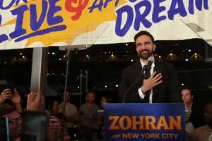 Democratic mayoral candidate Zohran Mamdani takes the stage at his primary election party, Wednesday, June 25, 2025, in New York. (AP Photo/Heather Khalifa) socialist new york city mayoral primacy