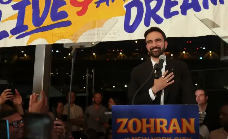 Democratic mayoral candidate Zohran Mamdani takes the stage at his primary election party, Wednesday, June 25, 2025, in New York. (AP Photo/Heather Khalifa) socialist new york city mayoral primacy