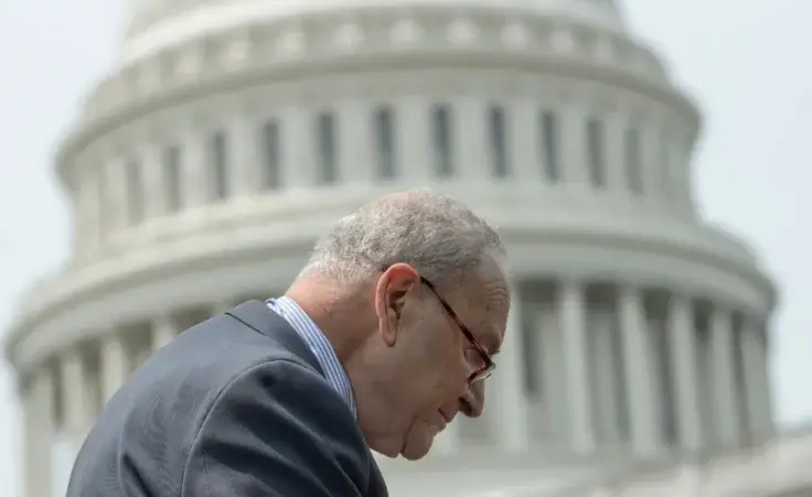 Senate Minority Leader Chuck Schumer, D-N.Y., departs following a news conference regarding provisions in the House-passed Republican One Big, Beautiful Bill Act, at the Capitol, Thursday, June 5, 2025, in Washington. (AP Photo/Rod Lamkey, Jr.)