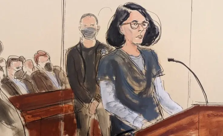 In this courtroom sketch, Ghislaine Maxwell givers her statement in federal court, in New York, Tuesday. June 28, 2022. Maxwell has been sentenced to 20 years in prison for helping the wealthy financier Jeffrey Epstein sexually abuse teenage girls. (AP Photo/Elizabeth Williams)
