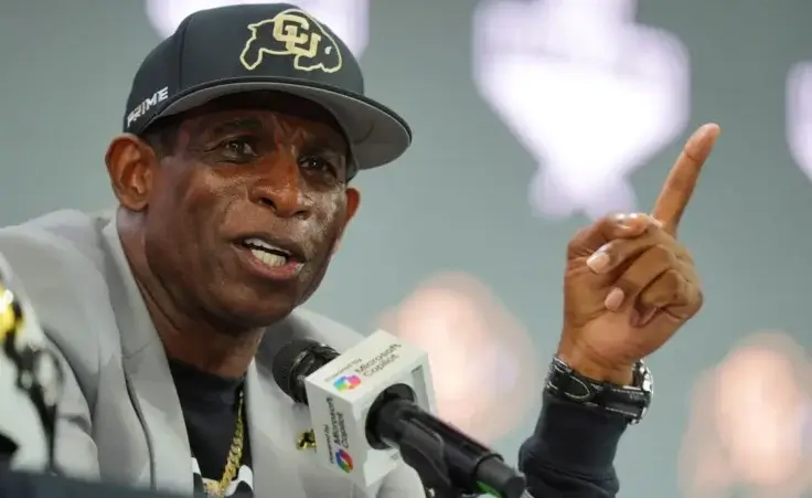 Colorado head coach Deion Sanders speaks during the Big 12 NCAA college football media day in Frisco, Texas, Wednesday, July 9, 2025. (AP Photo/LM Otero)