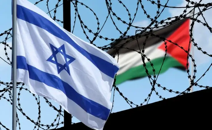 Flag of Israel and Flag of Palestine separated by a barbed wire wall. By studio-v-zwoelf/stock.adobe.com. Israel occupy Gaza