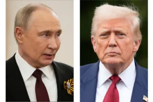 This combination of photos shows Russian President Vladimir Putin, left, in Moscow on May 9, 2025, and President Donald Trump in Washington on Aug. 1. (AP Photo/Alexander Zemlianichenko, Pool, Mark Schiefelbein, File)