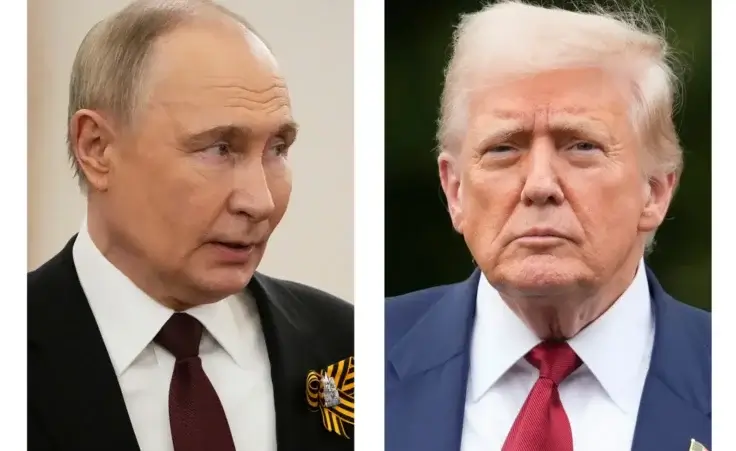 This combination of photos shows Russian President Vladimir Putin, left, in Moscow on May 9, 2025, and President Donald Trump in Washington on Aug. 1. (AP Photo/Alexander Zemlianichenko, Pool, Mark Schiefelbein, File)