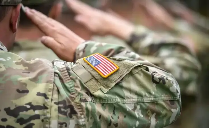 Detail shot with american flag on soldier uniform, giving the honor salute during military ceremony By roibu/stock.adobe.com