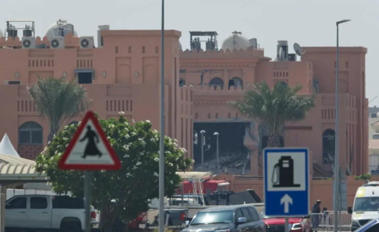Damage is seen after an Israeli strike targeted a compound that hosted Hamas' political leadership in Doha, Qatar, Wednesday, Sept. 10, 2025. (AP Photo/Jon Gambrell)