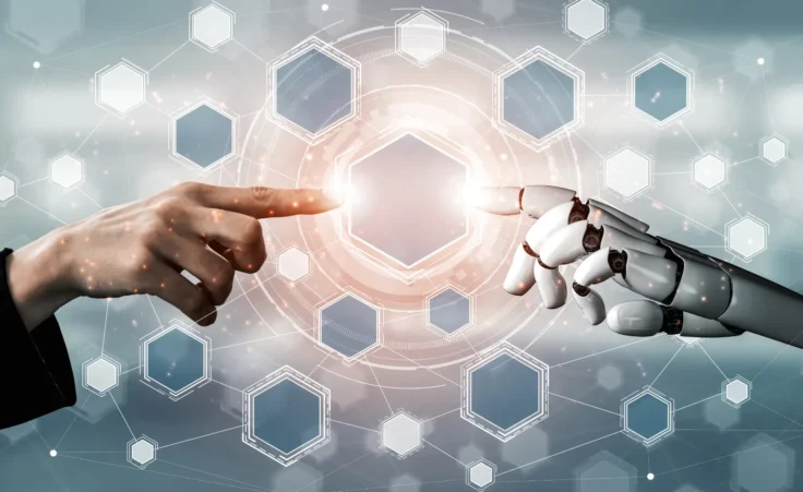 3D rendering of artificial intelligence (AI) hand reaching out to a human hand. By InfiniteFlow/stock.adobe.com. Chatbot God