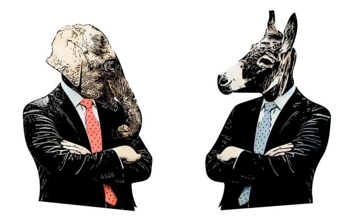 Graffiti-style illustration of the Republican elephant mascot and Democratic donkey mascot in a confrontation. By PatrickRolands/stock.adobe.com. Congress budget funding