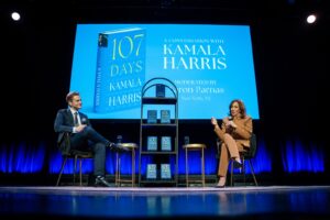 Former Vice President Kamala Harris speaks at the first stop of her book tour for her new book about her presidential campaign, "107 Days," at the Town Hall in New York, Wednesday, Sept. 24, 2025. (AP Photo/Angelina Katsanis)