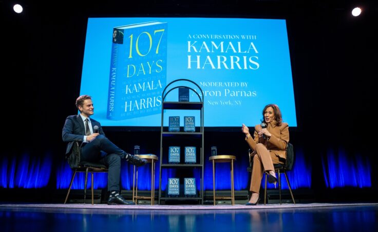 Former Vice President Kamala Harris speaks at the first stop of her book tour for her new book about her presidential campaign, "107 Days," at the Town Hall in New York, Wednesday, Sept. 24, 2025. (AP Photo/Angelina Katsanis)