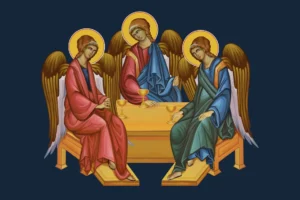 Holy Trinity. Trinitarian. Father, Son, Holy Ghost. Illustration - fresco in Byzantine style. By Julia/stock.adobe.com