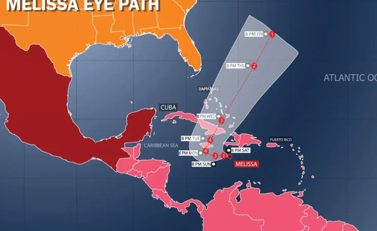 Forecast map of Hurricane Melissa's path through Cuba, Jamaica, Bahamas, Hispaniola, and Puerto Rico. By Sajid/stock.adobe.com.