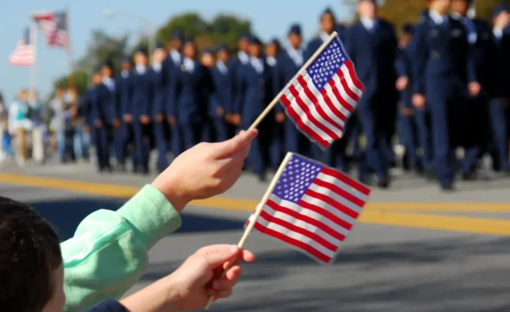 Flag waving at Veteran's Day Parade. By Cheryl Casey/stock.adobe.com