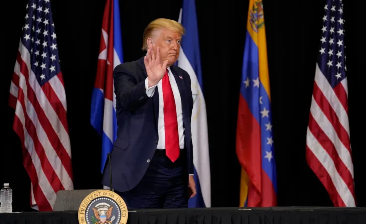 President Donald Trump leaves after a roundtable on Venezuela at Iglesia Doral Jesus Worship Center, Friday, July 10, 2020, in Doral, Fla. (AP Photo/Evan Vucci)