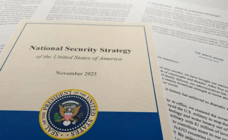 The National Security Strategy, released in November 2025, is photographed Wednesday, Dec. 10, 2025. (AP Photo/Jon Elswick) Trump