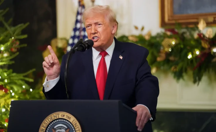 President Donald Trump speaks during an address to the nation from the Diplomatic Reception Room at the White House, Wednesday, Dec. 17, 2025, in Washington. (Doug Mills/The New York Times via AP, Pool)