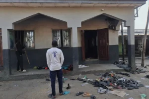 People inspect the scene of a deadly bomb explosion at a mosque in Maiduguri, Nigeria, Thursday, Dec. 25, 2025. (AP Photo/Jossy Ola) Nigeria terrorist