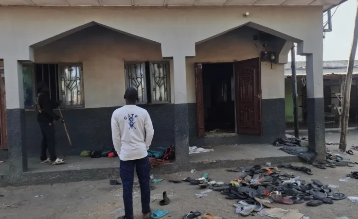 People inspect the scene of a deadly bomb explosion at a mosque in Maiduguri, Nigeria, Thursday, Dec. 25, 2025. (AP Photo/Jossy Ola) Nigeria terrorist
