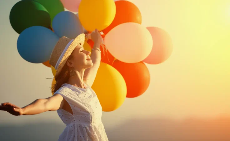 Happy woman with balloons at sunset in the summer. By JenkoAtaman/stock.adobe.com.
