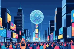 This vibrant illustration captures the iconic New Year's Eve ball drop in Times Square before an excited crowd. By tika/stock.adobe.com. New Years Eve New Years Day