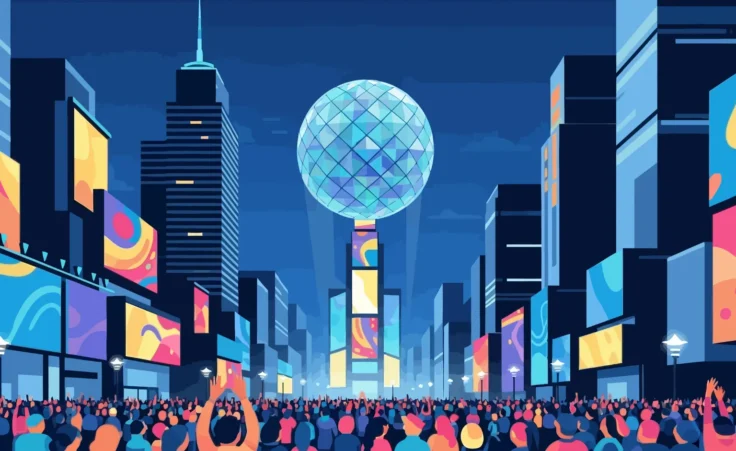 This vibrant illustration captures the iconic New Year's Eve ball drop in Times Square before an excited crowd. By tika/stock.adobe.com. New Years Eve New Years Day