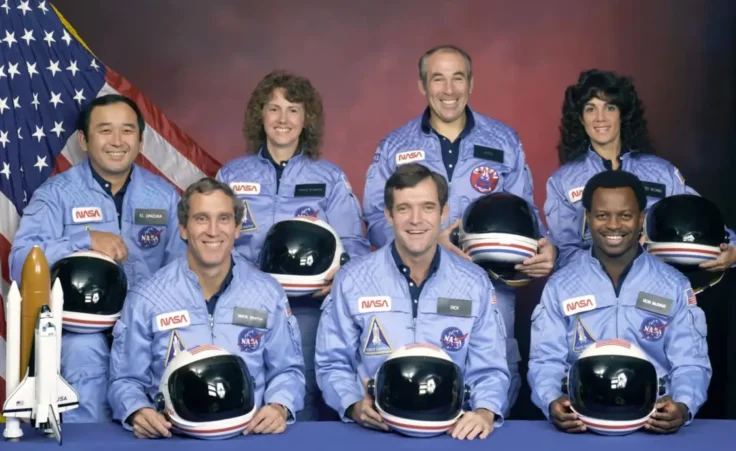 This undated file photo provided by NASA shows the crew of the Space Shuttle Challenger mission 51L. All seven members of the crew were killed when the shuttle exploded during launch on Jan. 28, 1986. From front left, are: Pilot Michael J. Smith, Commander Francis R. (Dick) Scobee, and mission specialist Ronald E. McNair. Rear left are: mission specialist Ellison Onizuka, teacher Christa McAuliffe, payload specialist Gregory Jarvis, and mission specialist Judith Resnik. (NASA via AP, File)