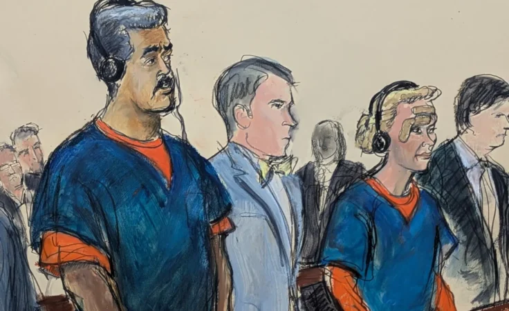 In this courtroom sketch, Venezuelan President Nicolas Maduro, left, and his wife, Cilia Flores, second from right, appear in Manhattan federal court with their defense attorneys Mark Donnelly, second from left, and Andres Sanchez, Monday, Jan. 5, 2026, in New York. (Elizabeth Williams via AP)