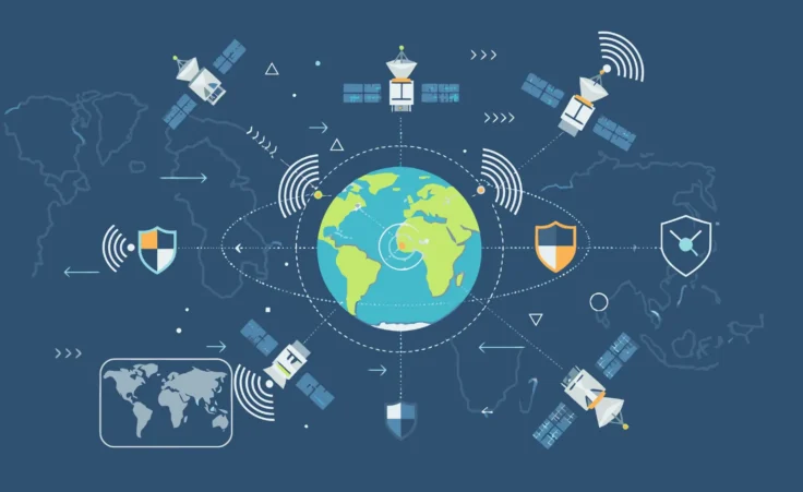 Flat lay illustration of Earth surrounded by satellites, shields, and maps on a blue background, representing geopolitics and security. By Asap/stock.adobe.com.
