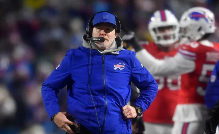 Buffalo Bills head coach Sean McDermott walks the sidelines during the first half of an NFL football game against the Philadelphia Eagles, Sunday, Dec. 28, 2025, in Buffalo, N.Y. (AP Photo/Adrian Kraus)