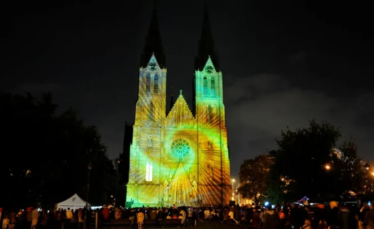 10th Signal Festival with video-mapping starts to present 15 installations and accompanying programme, runs through Oct 16. Pictured installation Light for Europe of Jeremie Bellot on the church of St. Ludmila in Prague, Czech Republic, October 13, 2022. Photo/Martin Hurin (CTK via AP Images)