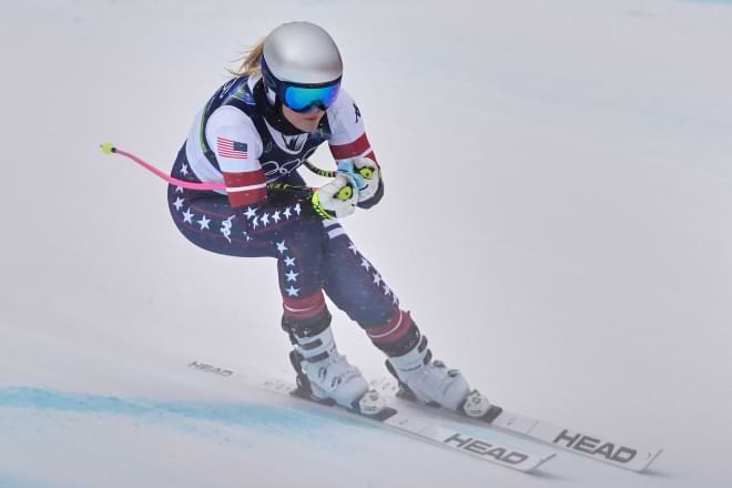 United States' Lindsey Vonn races in an alpine ski women's downhill training, at the 2026 Winter Olympics, in Cortina d'Ampezzo, Italy, Saturday, Feb. 7, 2026. (AP Photo/Jacquelyn Martin)