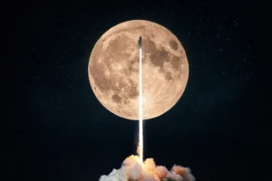 Concept image of a rocket launch into space on the background of a full moon with craters and stars. By alones/stock.adobe.com. Hotel on the moon, GRU.
