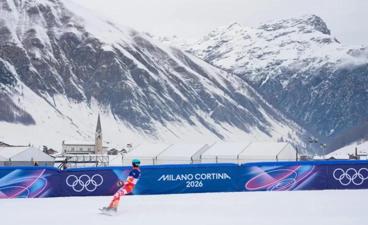 Spain's Lucas Eguibar Breton practices during a snowboard cross training session at the 2026 Winter Olympics, in Livigno, Italy, Friday, Feb. 6, 2026. (AP Photo/Lindsey Wasson)