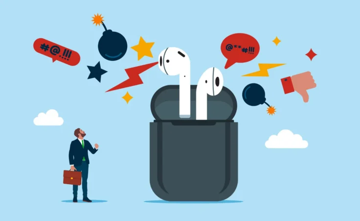 Wireless headphones shouting with negative feedback from podcast at tiny businessman. By Vadym/stock.adobe.com. Jennifer Welch