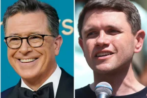 This photo combination shows Stephen Colbert, left, in Los Angeles, Sept. 12, 2022 and Texas Rep. James Talarico, Aug. 16, 2025, in Chicago. (AP Photo/Talia Sprague, Jae C. Hong, file)