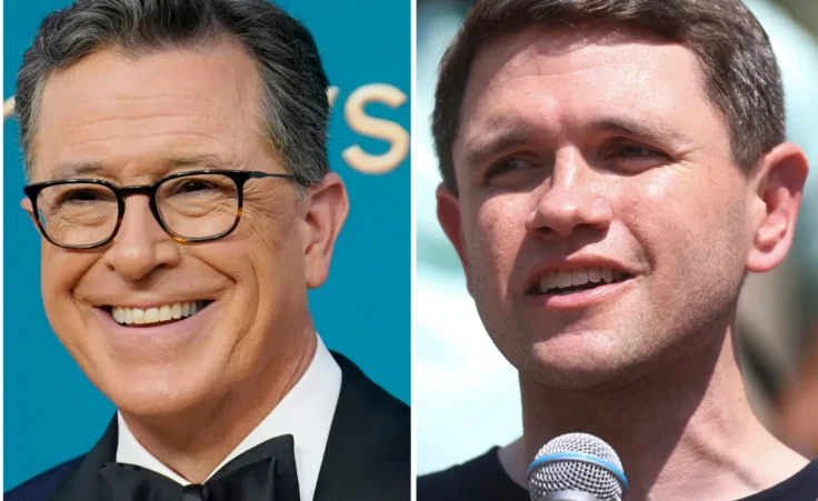 This photo combination shows Stephen Colbert, left, in Los Angeles, Sept. 12, 2022 and Texas Rep. James Talarico, Aug. 16, 2025, in Chicago. (AP Photo/Talia Sprague, Jae C. Hong, file)