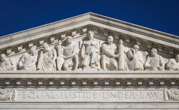 The U.S. Supreme Court is seen on February 20, 2025 in Washington, D.C. the U.S. Supreme Court ruled in a 6-3 decision that Trump had exceeded his authority when he imposed tariffs on nearly every U.S. trading partner. (Photo by Samuel Corum/Sipa USA) (Sipa via AP Images)