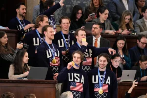 Members of the United States' Olympic hockey team attend President Donald Trump's State of the Union address to a joint session of Congress in the House chamber at the U.S. Capitol in Washington, Tuesday, Feb. 24, 2026. (AP Photo/Alex Brandon) State of the Union