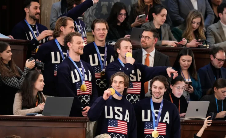 Members of the United States' Olympic hockey team attend President Donald Trump's State of the Union address to a joint session of Congress in the House chamber at the U.S. Capitol in Washington, Tuesday, Feb. 24, 2026. (AP Photo/Alex Brandon) State of the Union